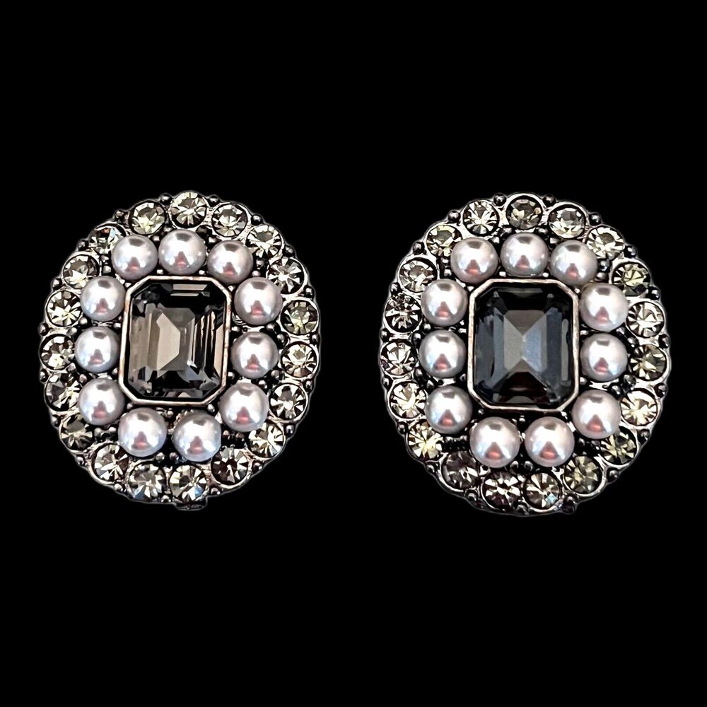 Vintage 1980s Crystal Pearl Earrings Hematite Tone Clip On Round - 12R